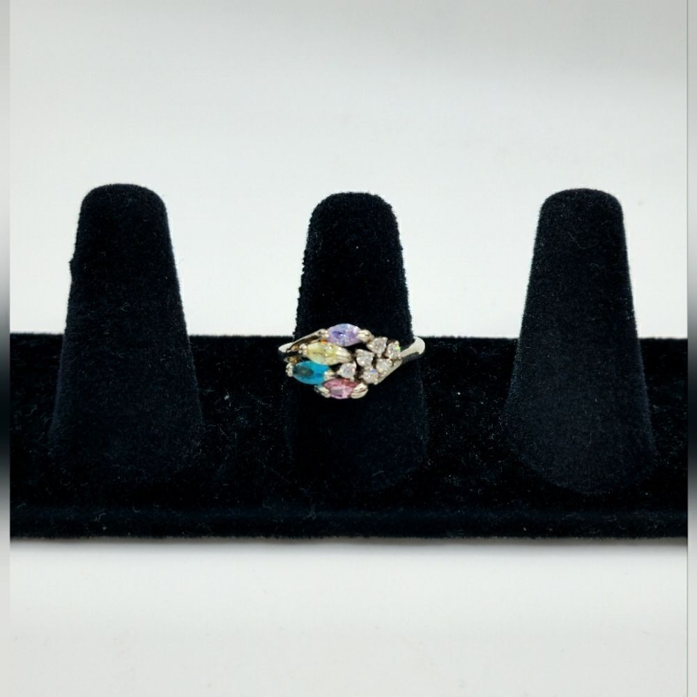 Vintage silver double tulip set multi stone cz diamond ring